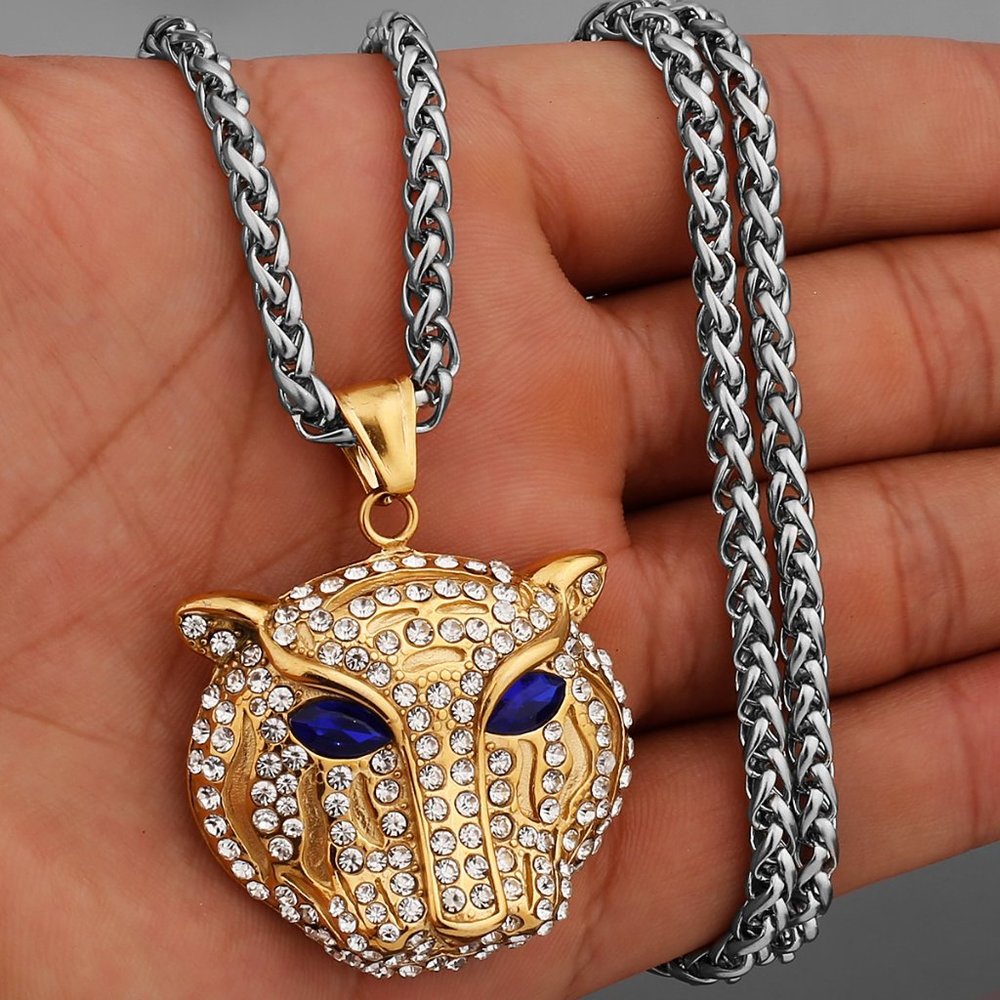 "Gold Diamond Blue Eye Panther Stainless Steel Pendant Necklace, GP1231067 - Picture 2 of 8